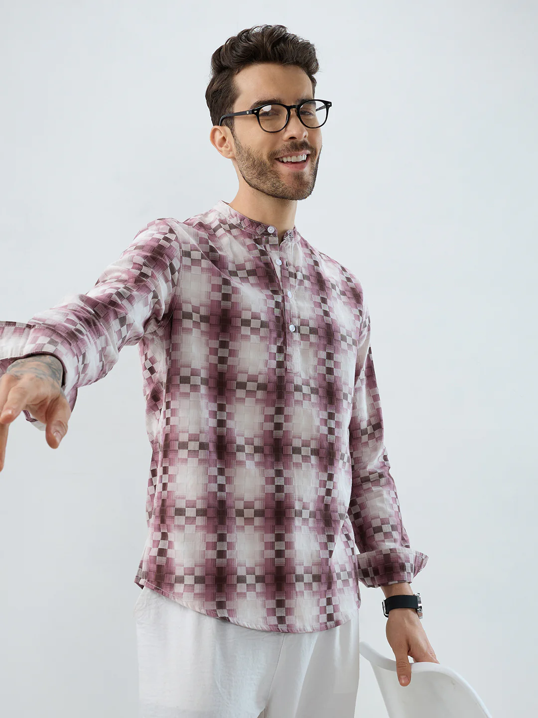 Turkish Rose Pink Pixel Block Checks Kurta