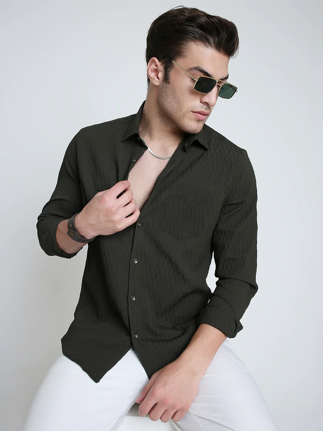 Twilight Olive Self-Design Embossed Shirt