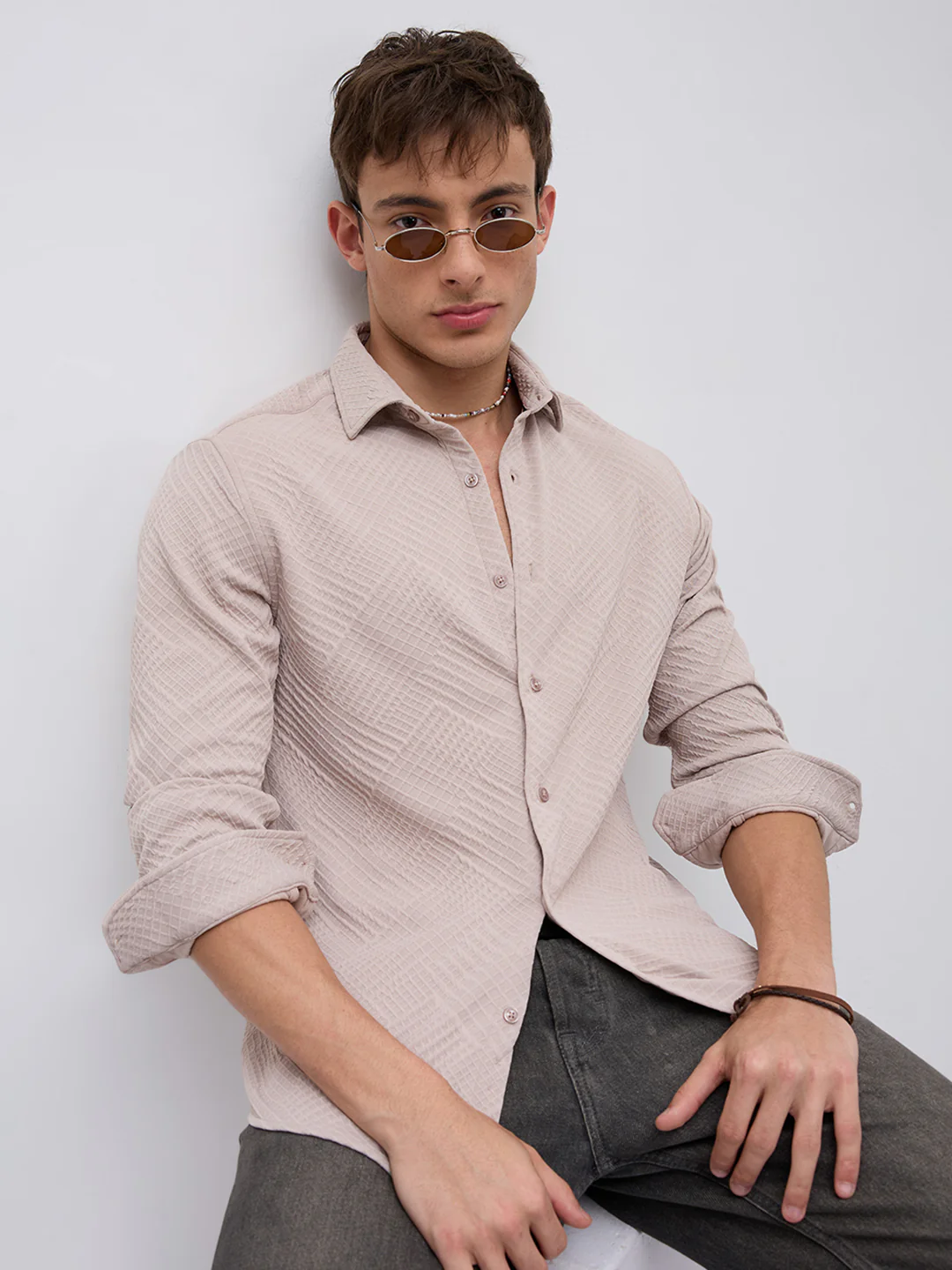 Urban Clay Beige Lozenge Textured Knitted Shirt - Image 2