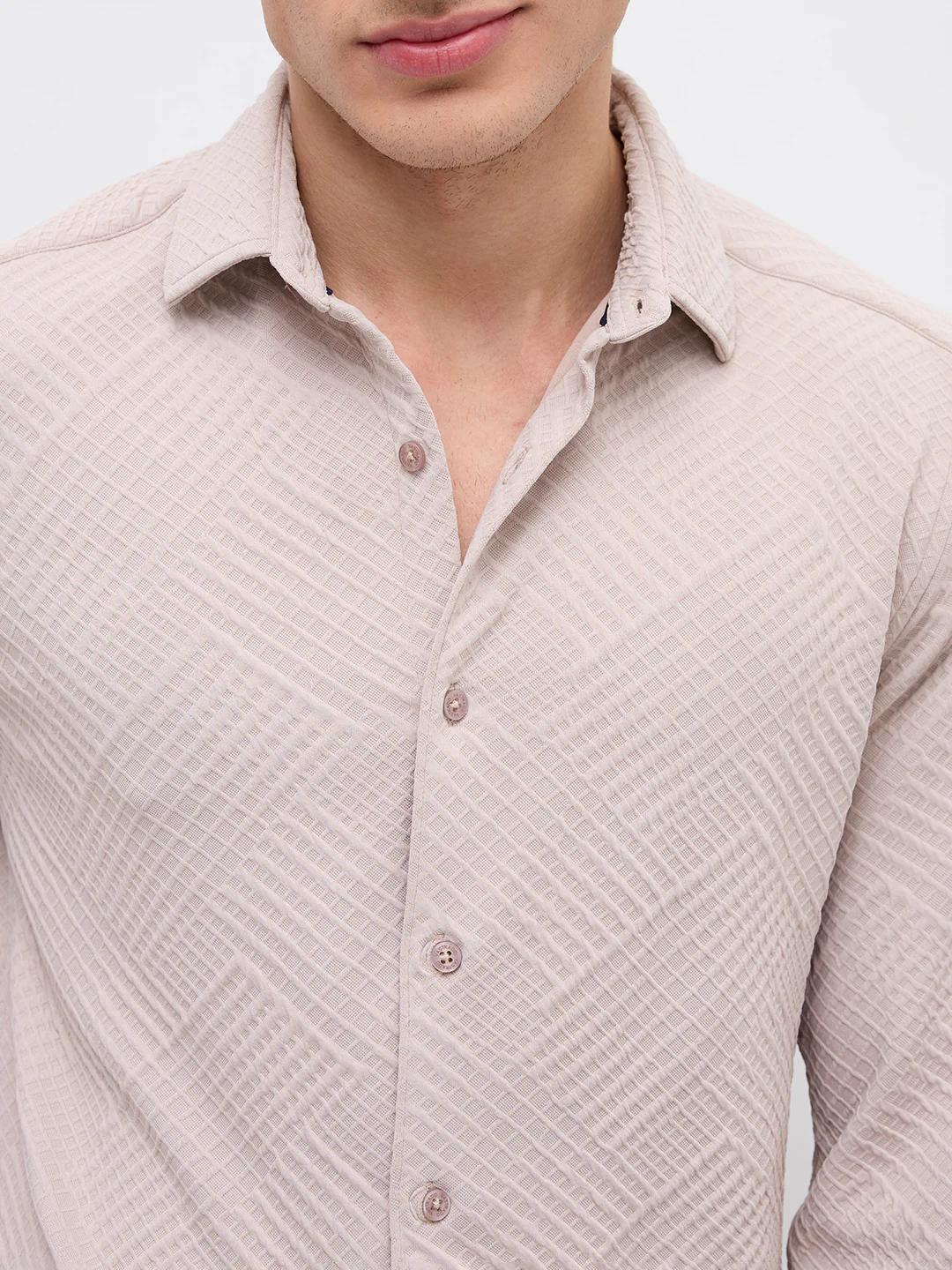 Urban Clay Beige Lozenge Textured Knitted Shirt - Image 3