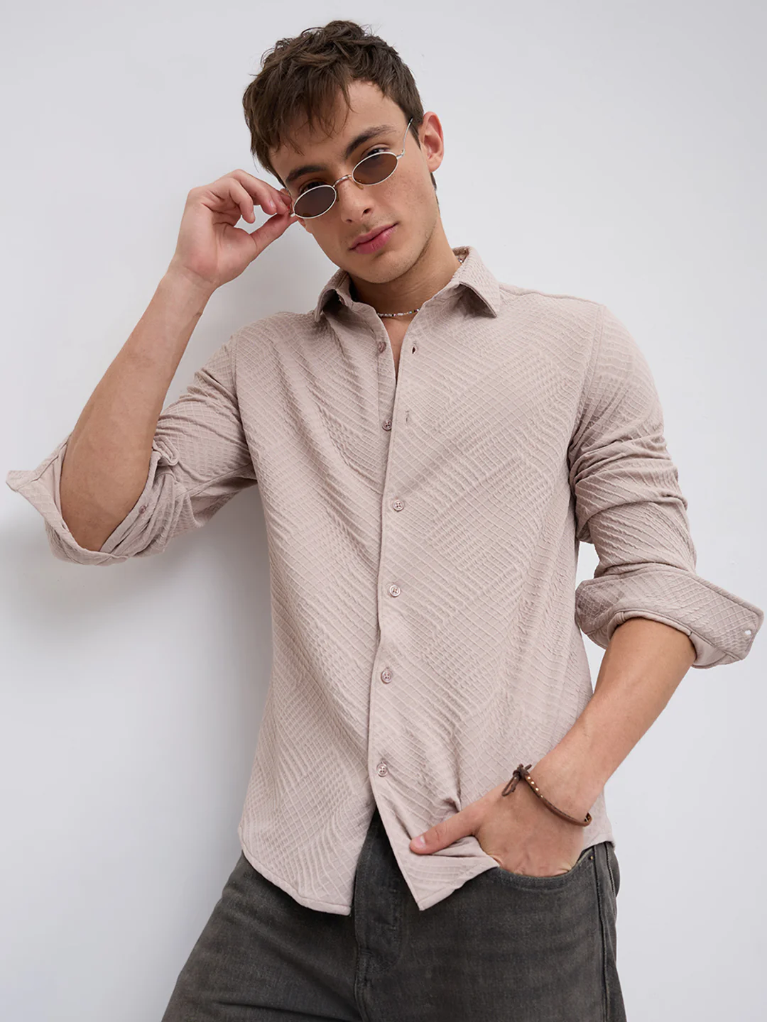 Urban Clay Beige Lozenge Textured Knitted Shirt - Image 4