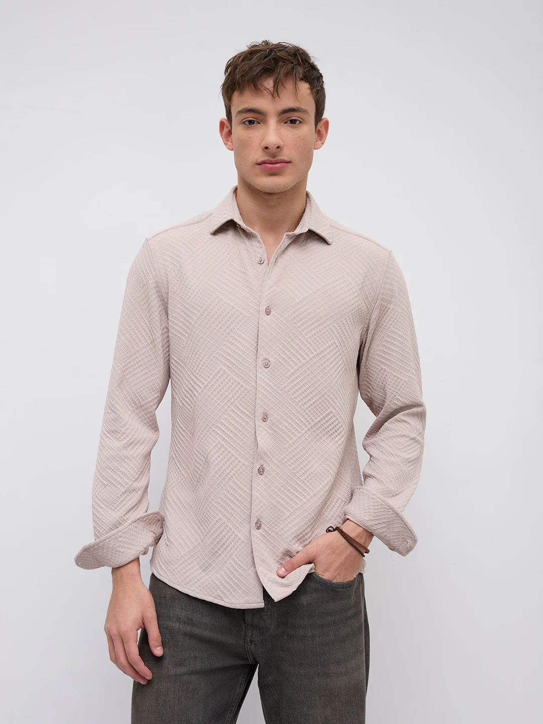 Urban Clay Beige Lozenge Textured Knitted Shirt - Image 5