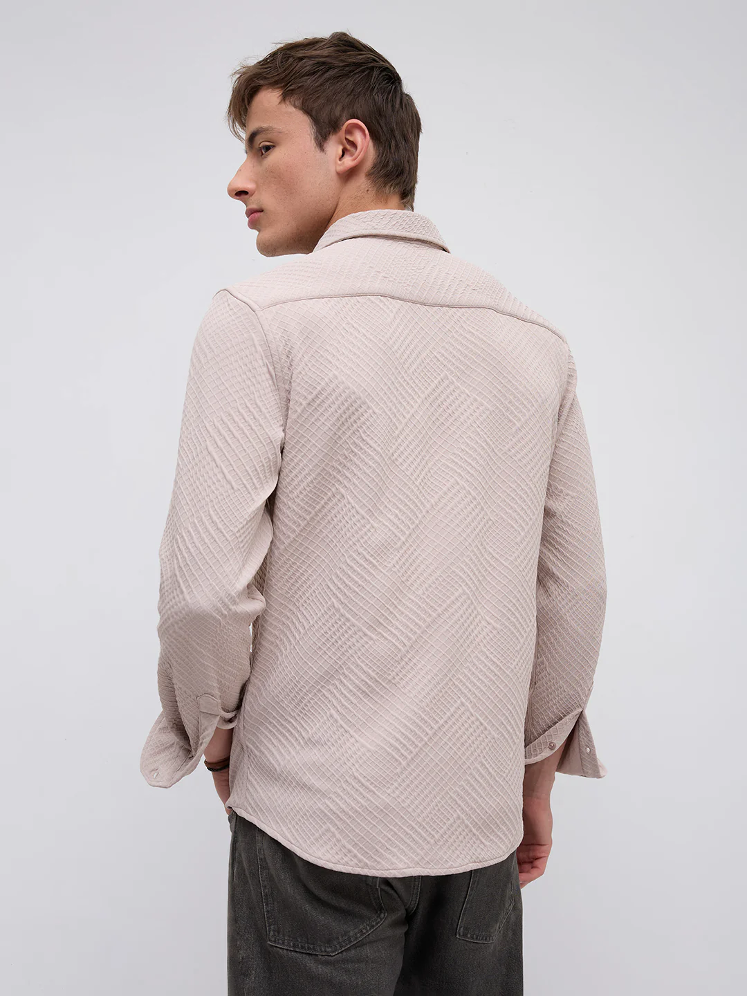Urban Clay Beige Lozenge Textured Knitted Shirt - Image 7