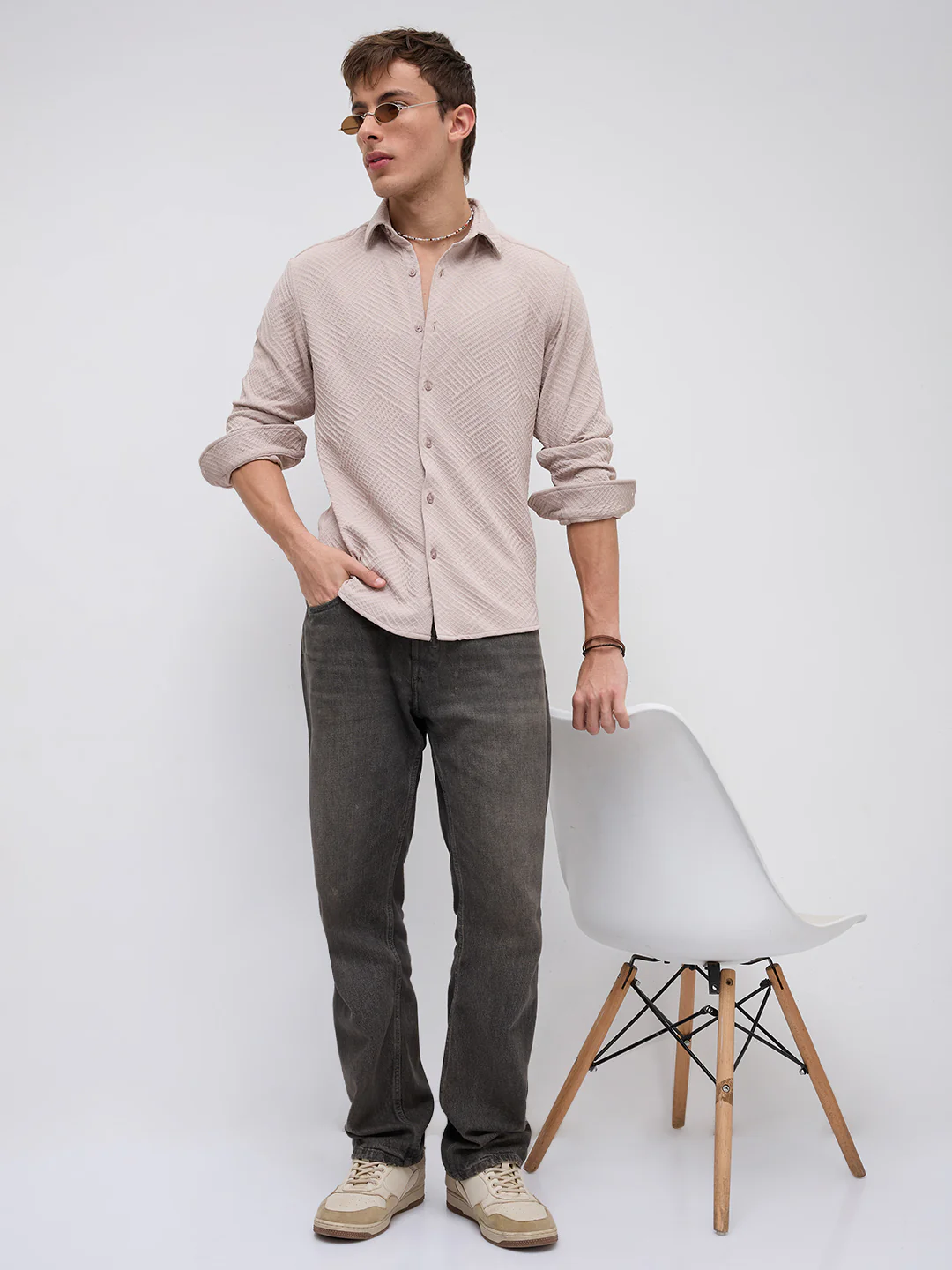 Urban Clay Beige Lozenge Textured Knitted Shirt - Image 8