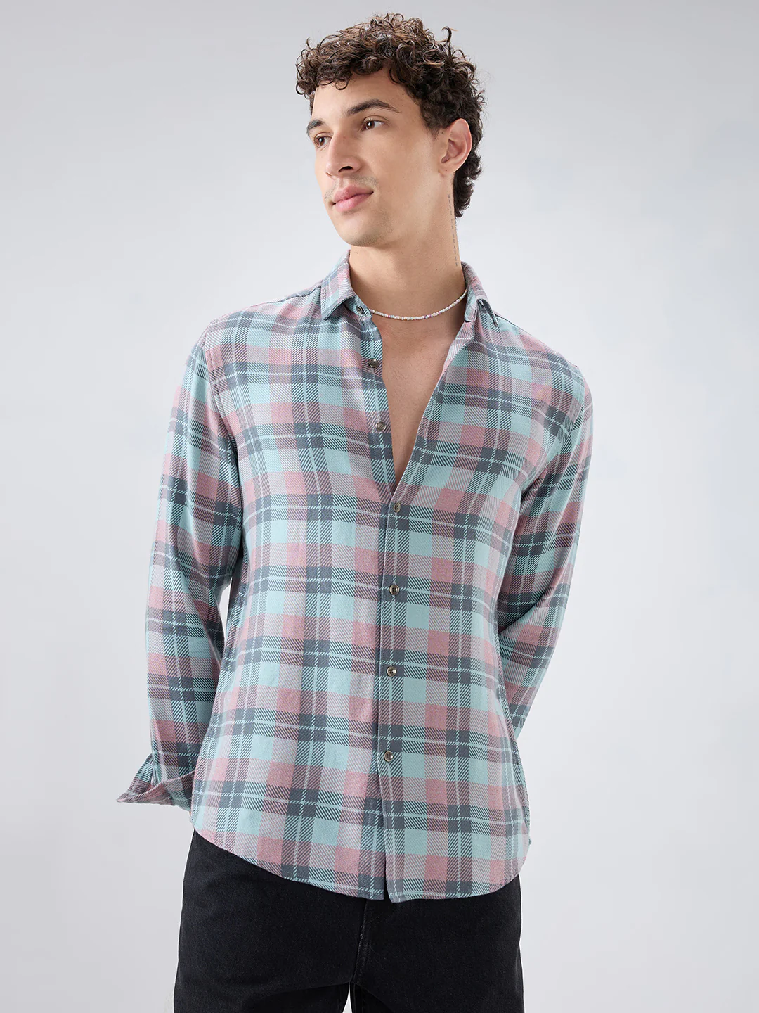 Vintage Blue Diagonal Textured Overlay Melange Checks Shirt - Image 5
