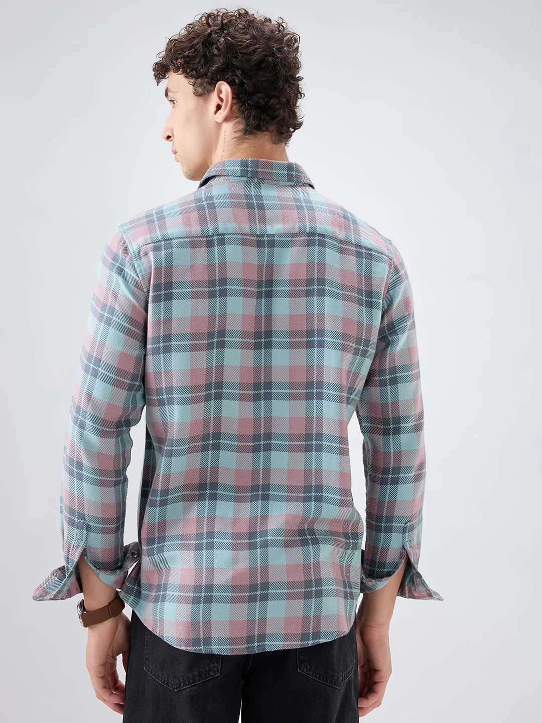 Vintage Blue Diagonal Textured Overlay Melange Checks Shirt - Image 7