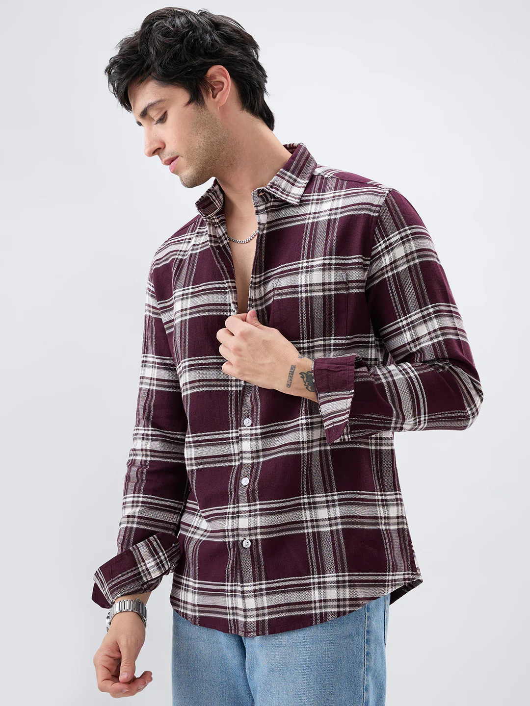 Vintage Deep Wine Plaid Checks Shirt - Image 6