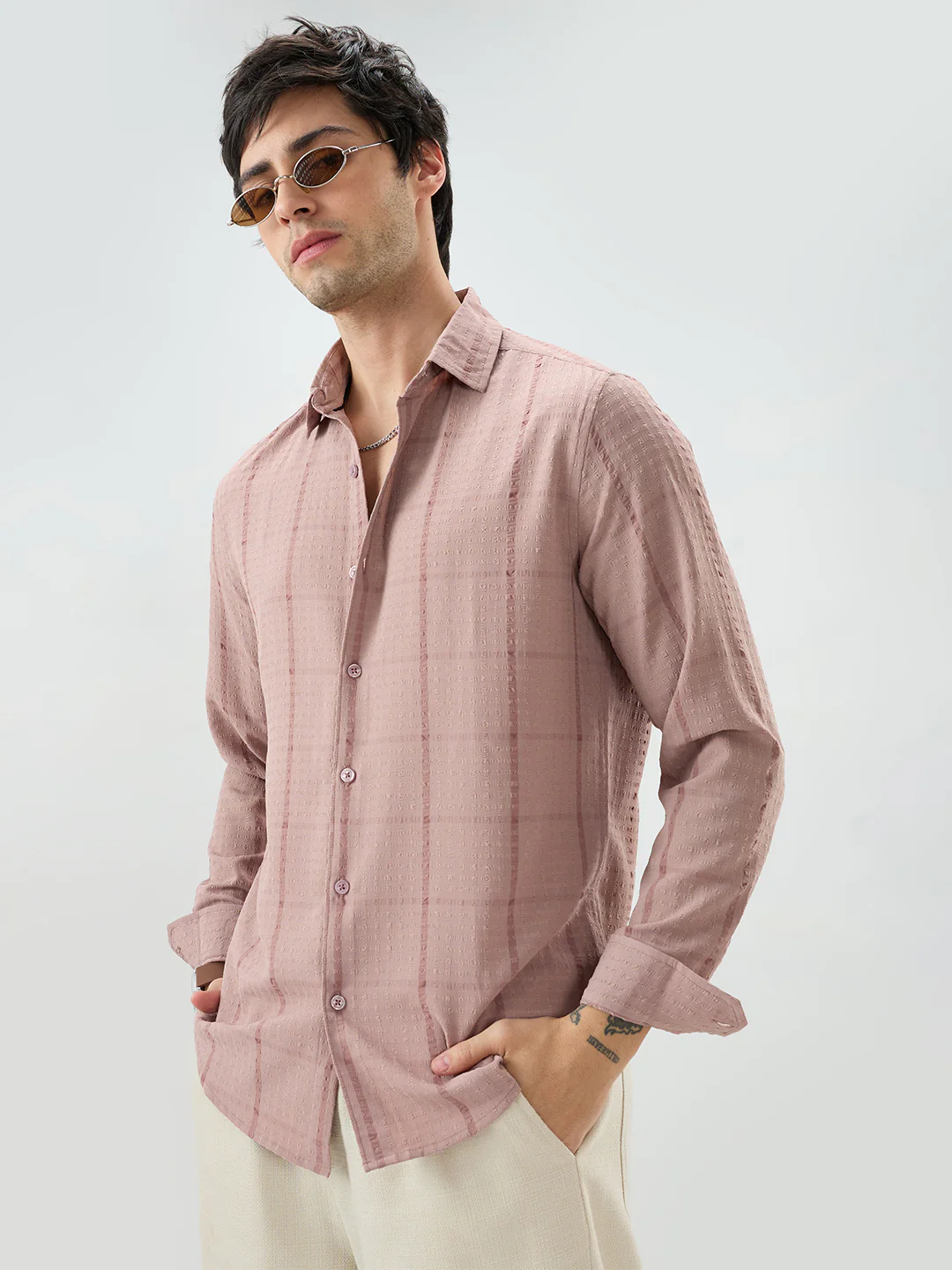 Vintage Peach Micro Checks Textured Shirt - Image 2