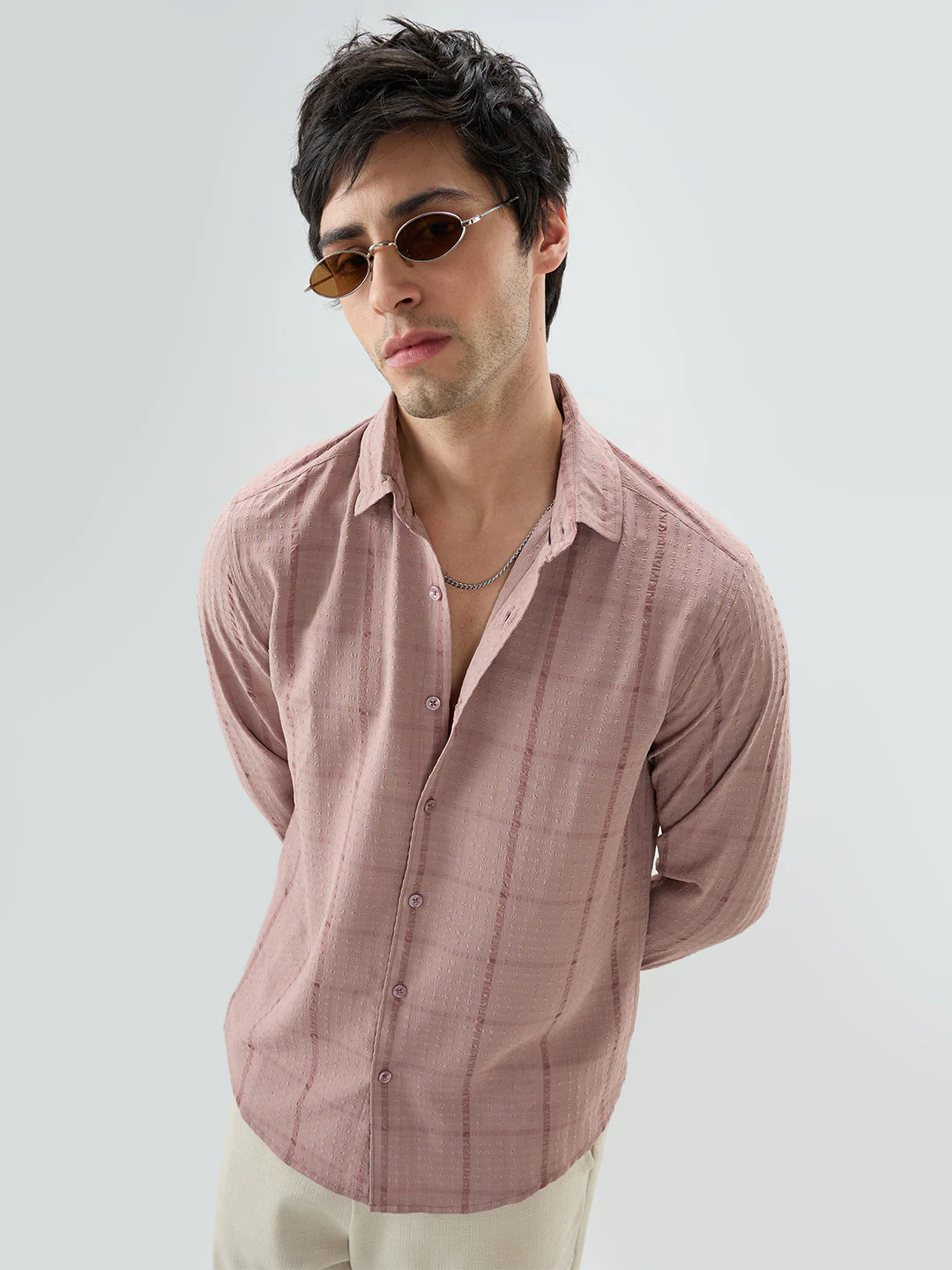 Vintage Peach Micro Checks Textured Shirt - Image 4