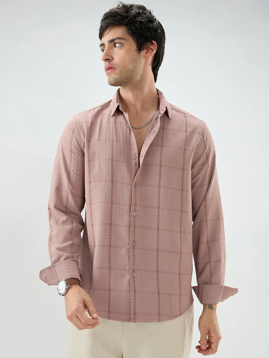 Vintage Peach Micro Checks Textured Shirt - Image 5
