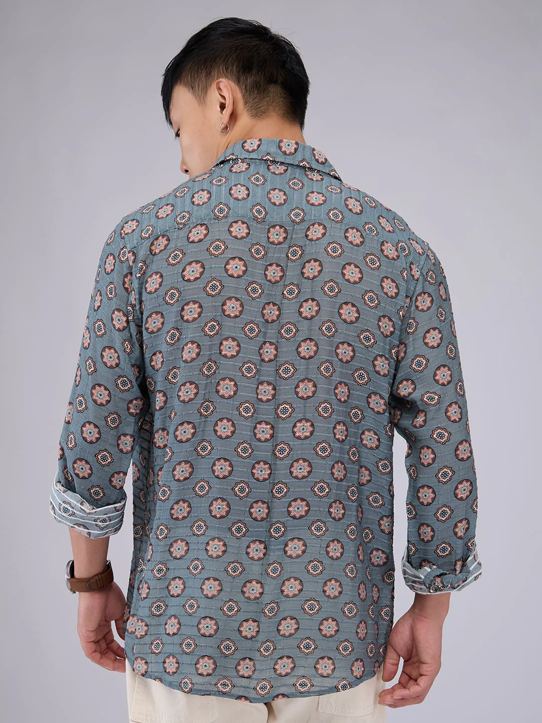 Voguish Grey Motifs Streaky Dobby Shirt - Image 7