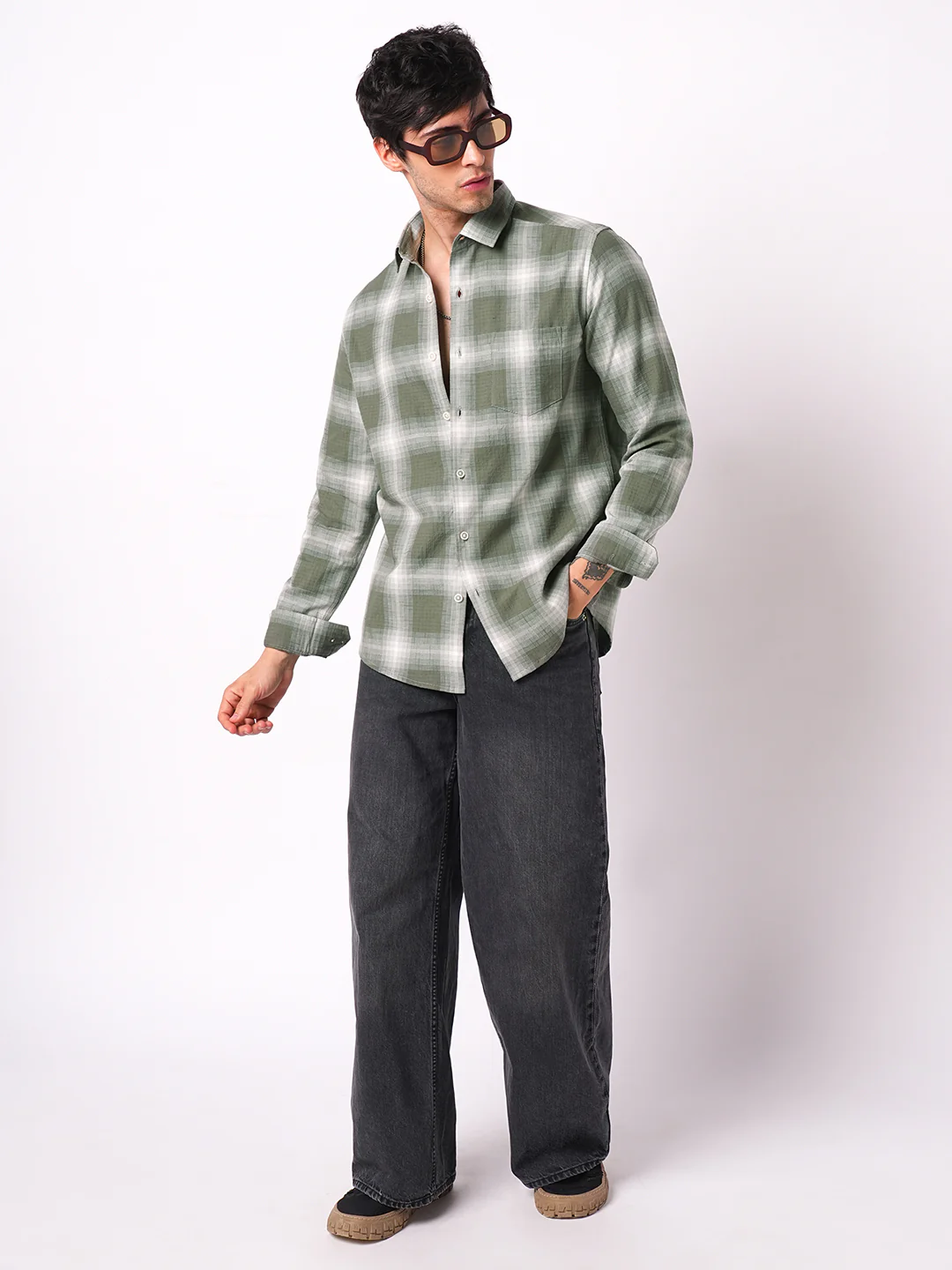 Voguish Olive & White Box Checks Shirt - Image 7