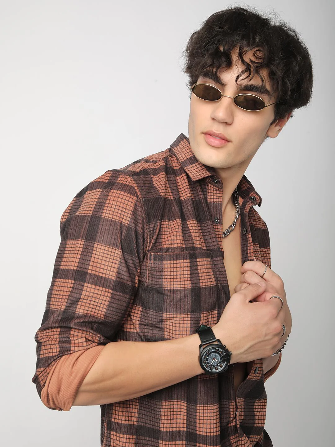 Walnut Brown Checked Double Pocket Corduroy Shirt - Image 4
