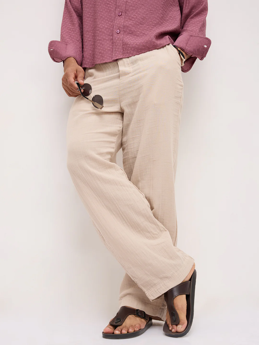 Warm Beige Double Cloth Straight Fit Trousers