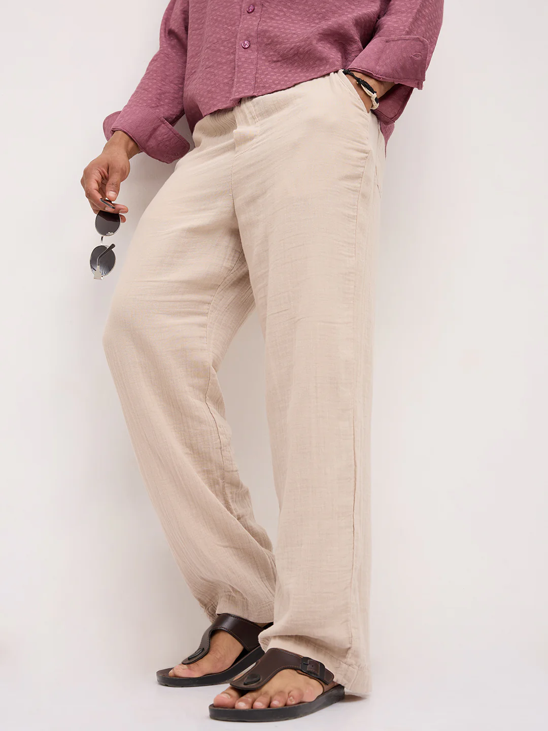Warm Beige Double Cloth Straight Fit Trousers - Image 2