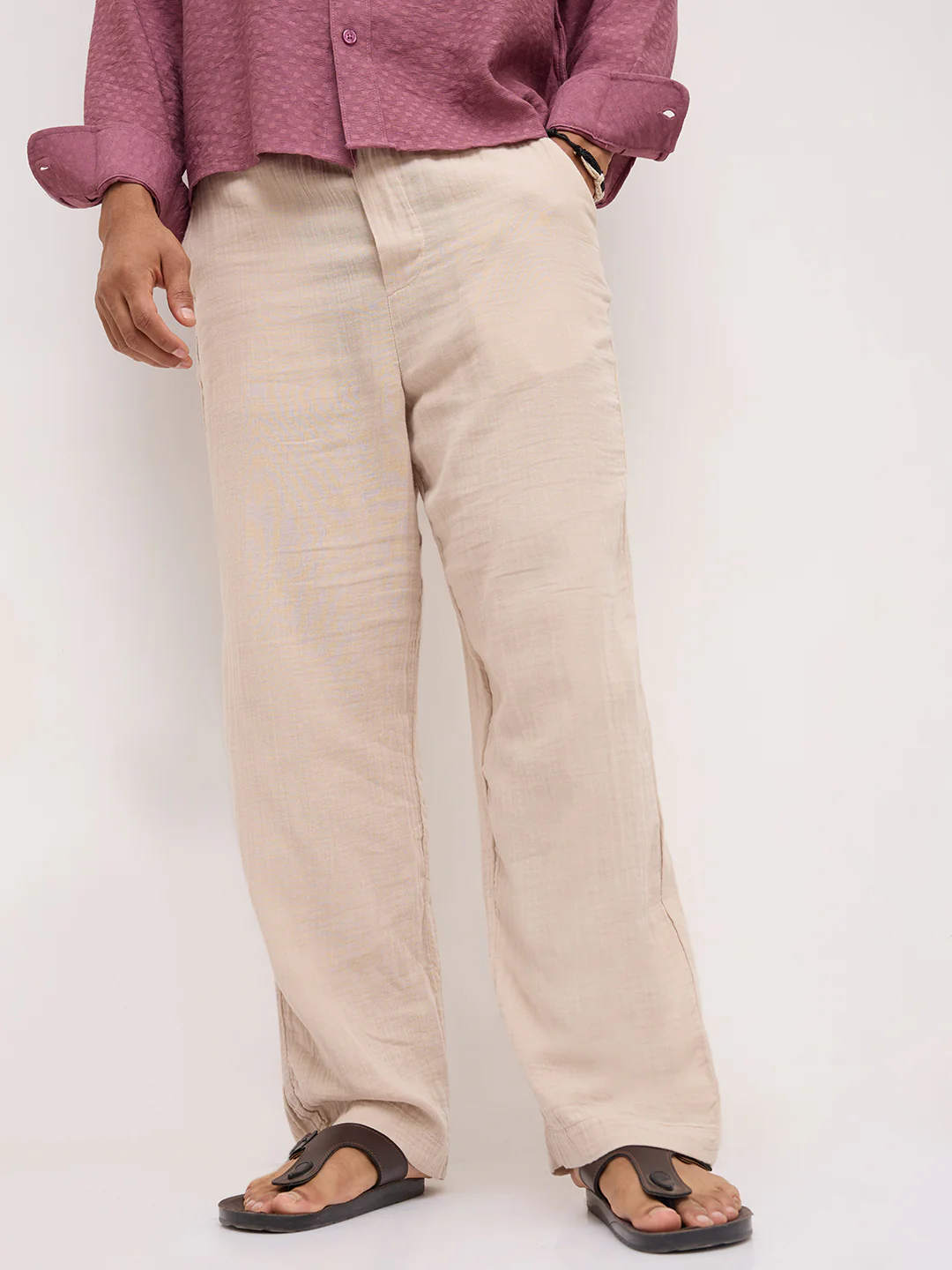 Warm Beige Double Cloth Straight Fit Trousers - Image 4