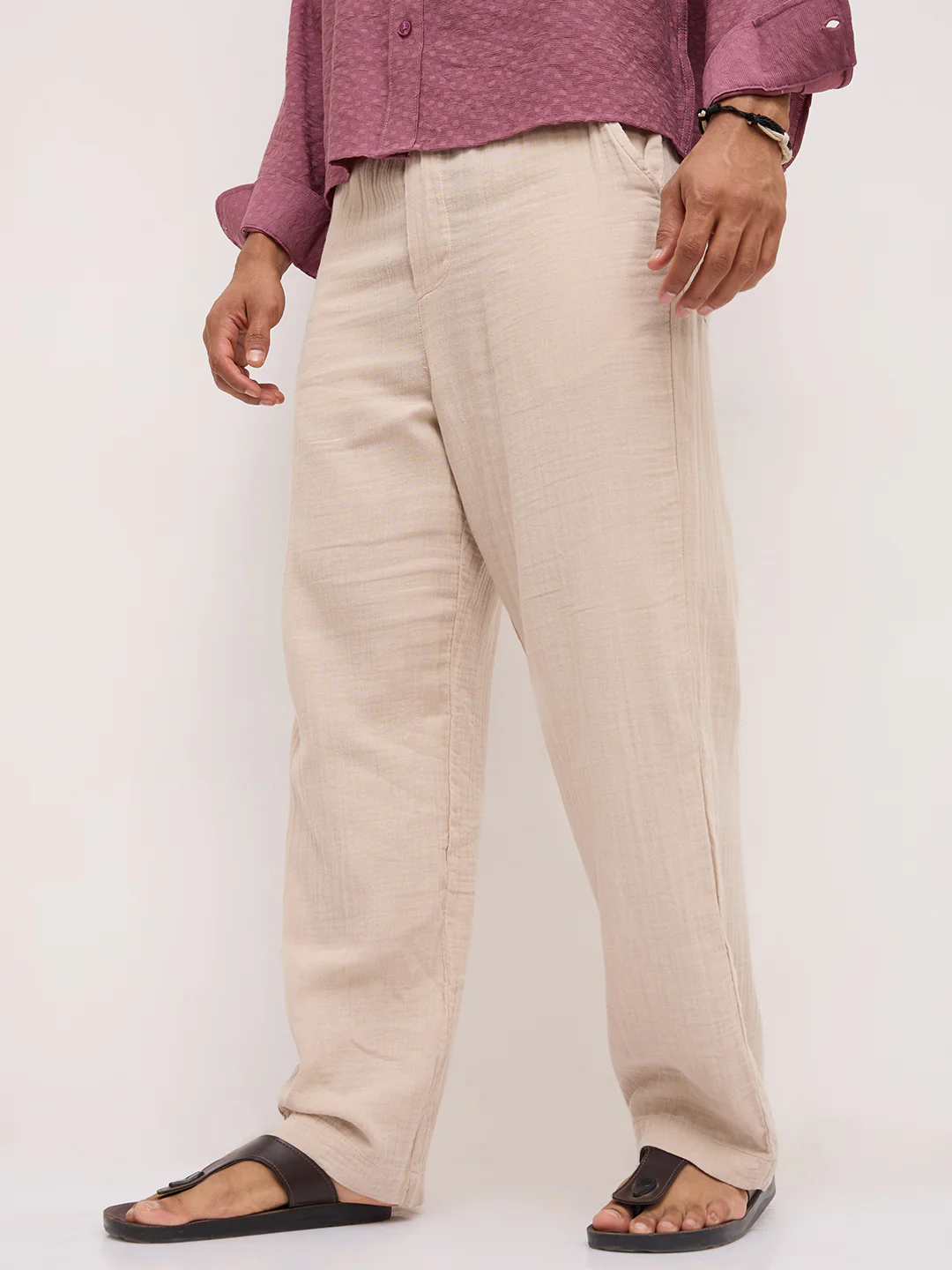 Warm Beige Double Cloth Straight Fit Trousers - Image 5