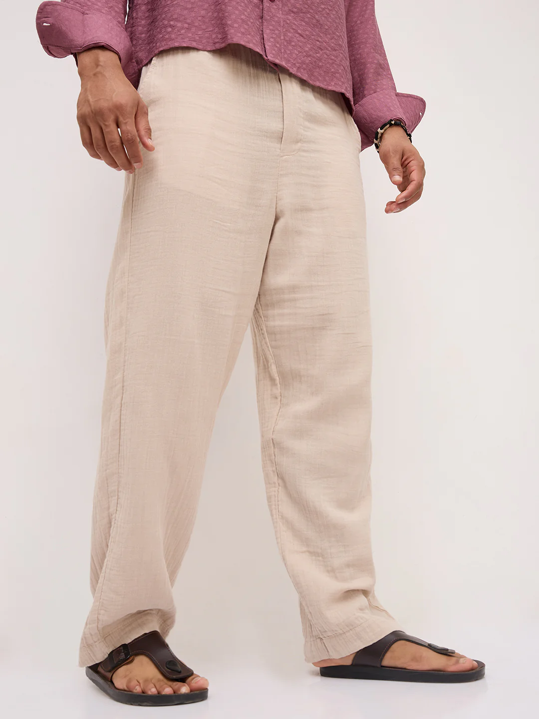 Warm Beige Double Cloth Straight Fit Trousers - Image 6