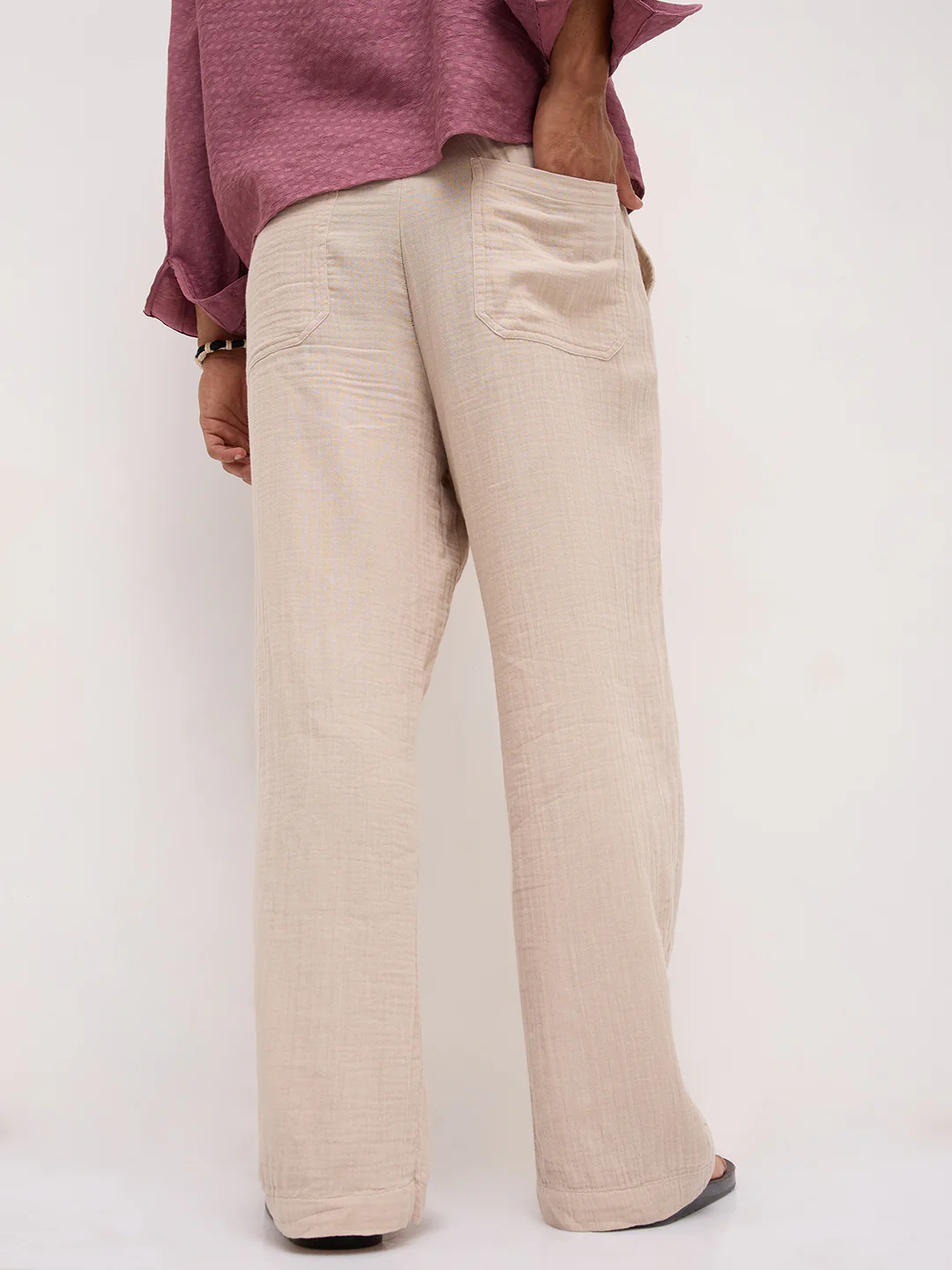 Warm Beige Double Cloth Straight Fit Trousers - Image 7