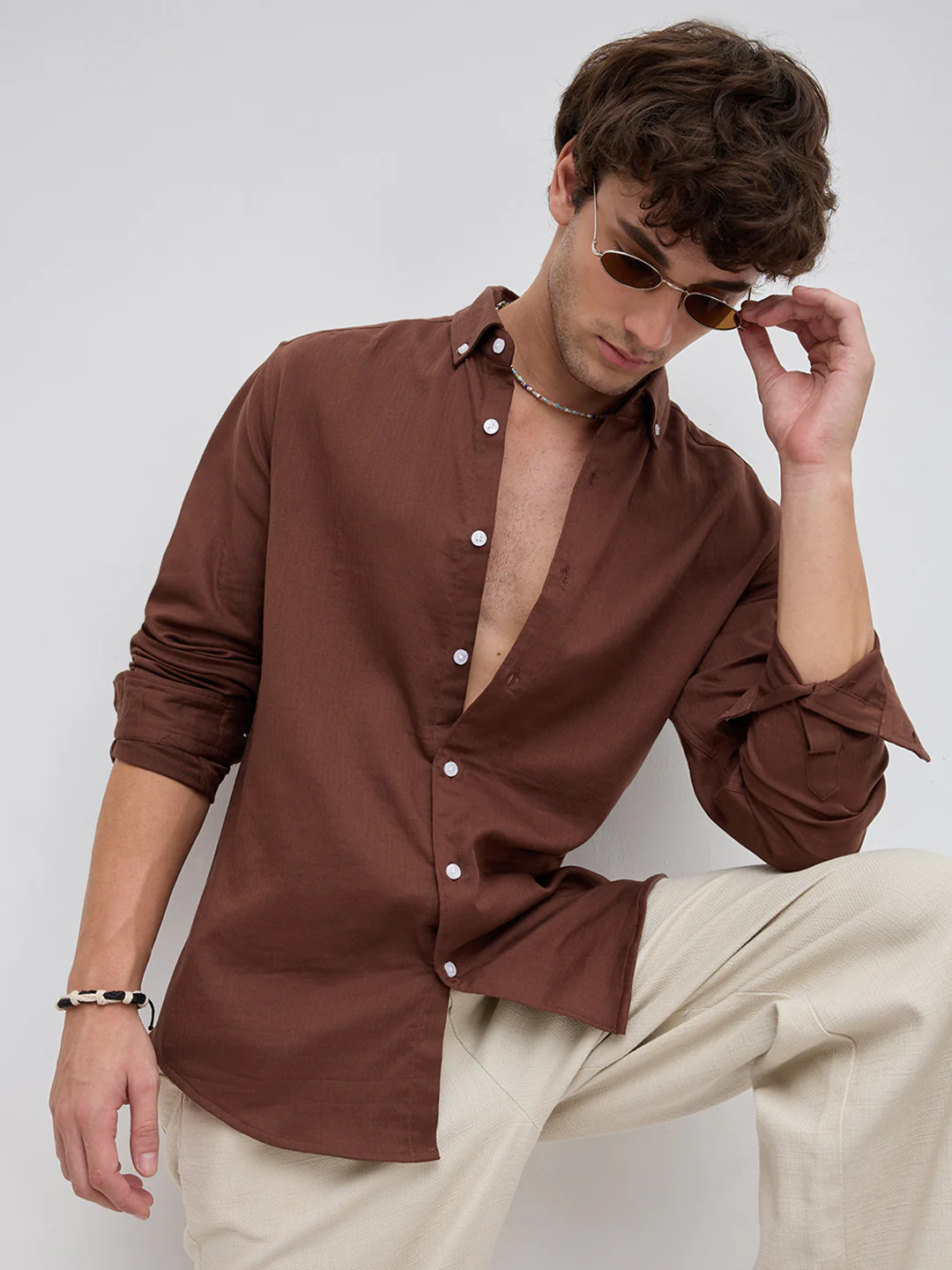 Warm Brown Herringbone Button-Down Shirt