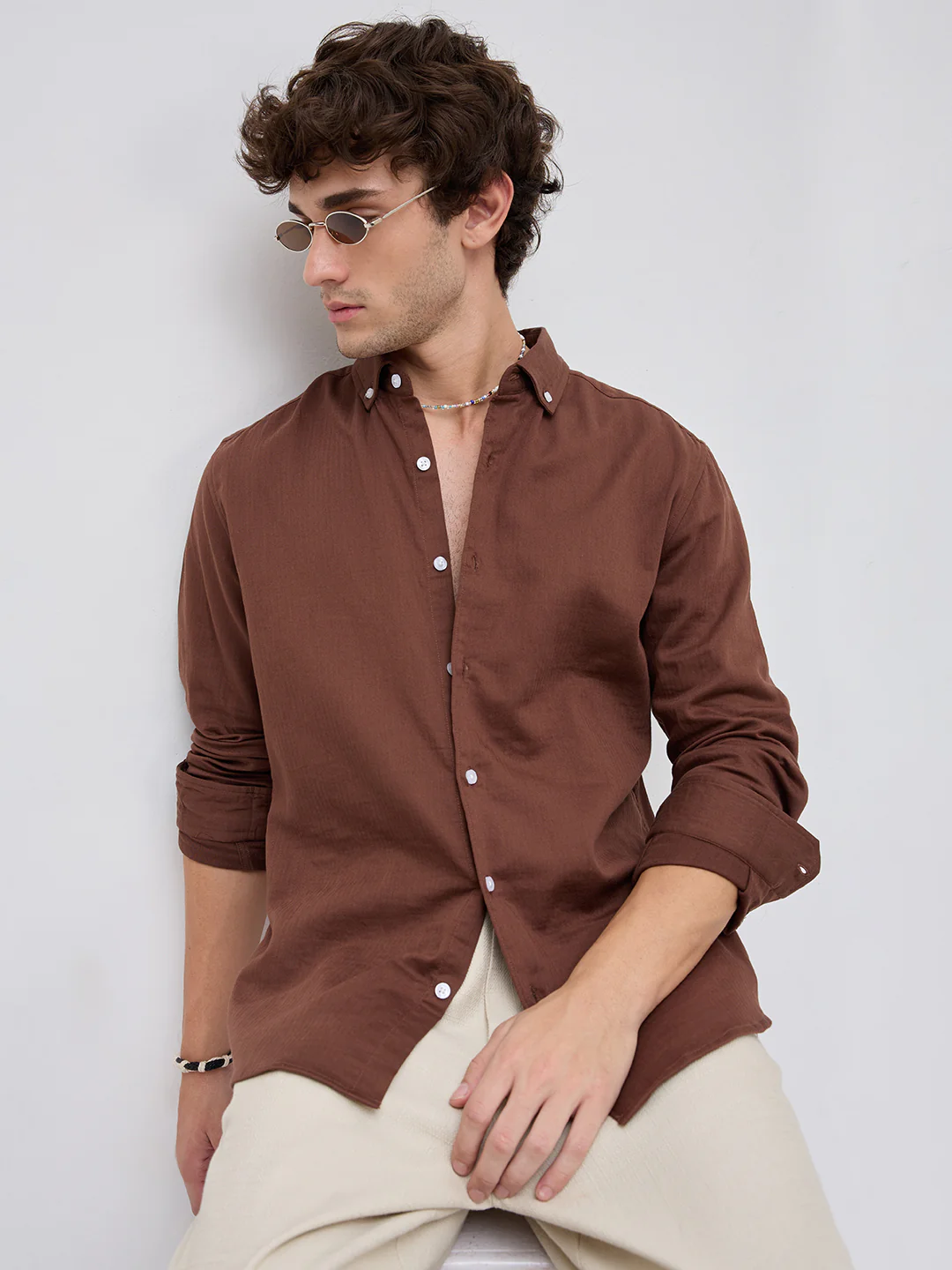 Warm Brown Herringbone Button-Down Shirt - Image 4