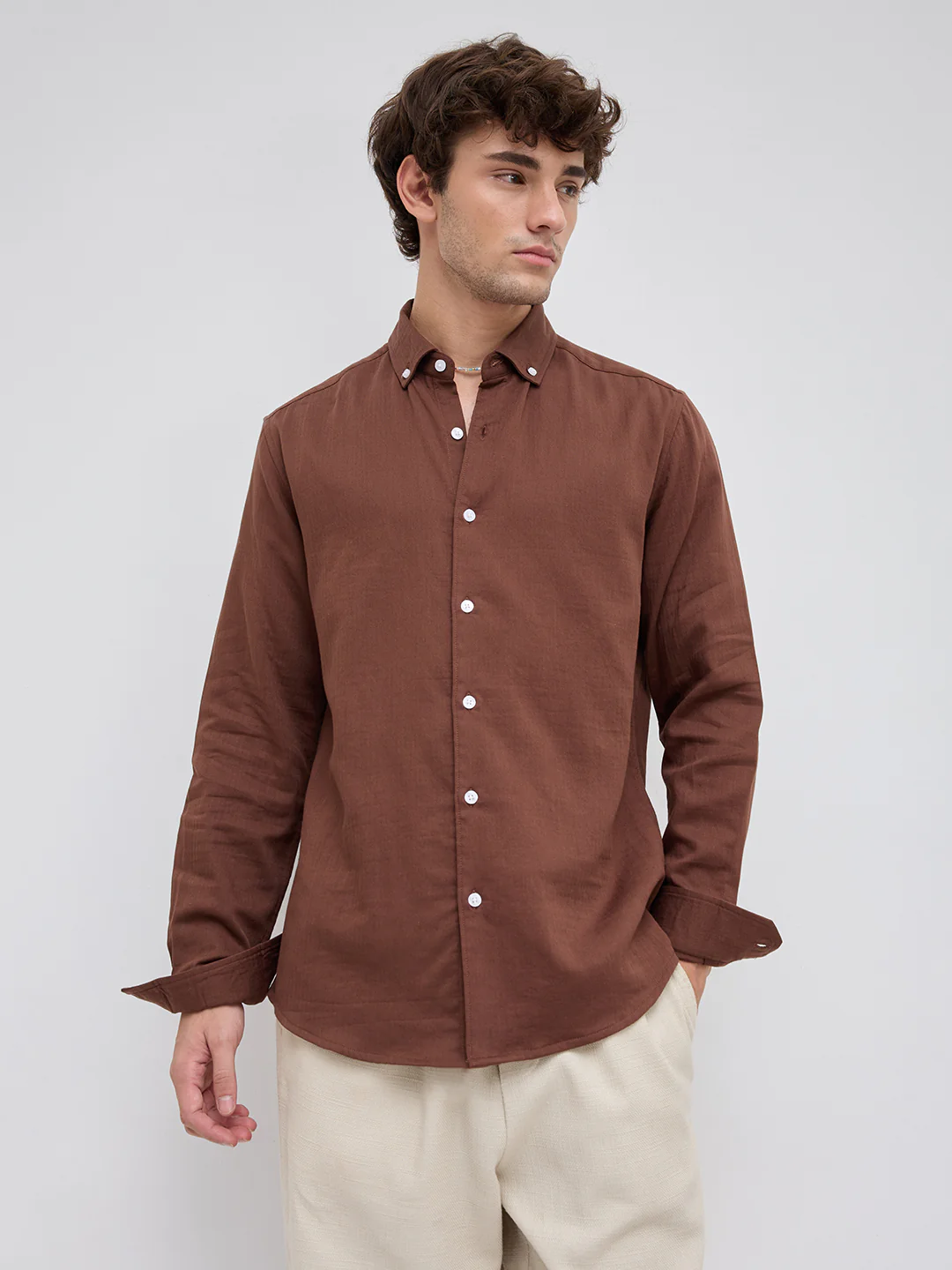 Warm Brown Herringbone Button-Down Shirt - Image 5