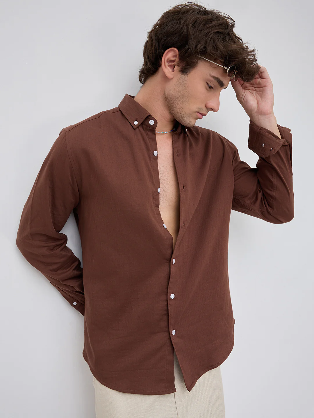 Warm Brown Herringbone Button-Down Shirt - Image 6