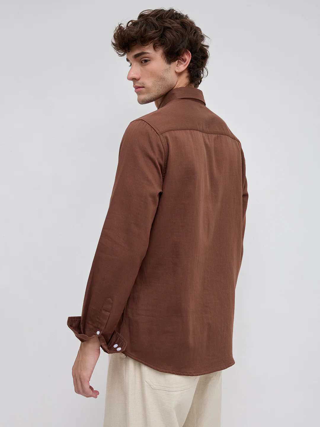 Warm Brown Herringbone Button-Down Shirt - Image 7