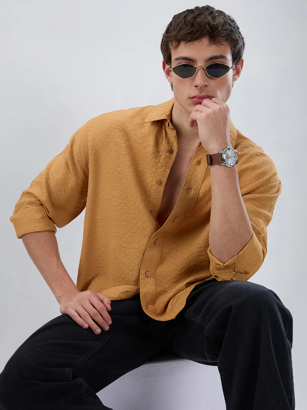 Warm Mustard Sun-Cured Lightweight Textured Boxy Fit  Crop Shirt