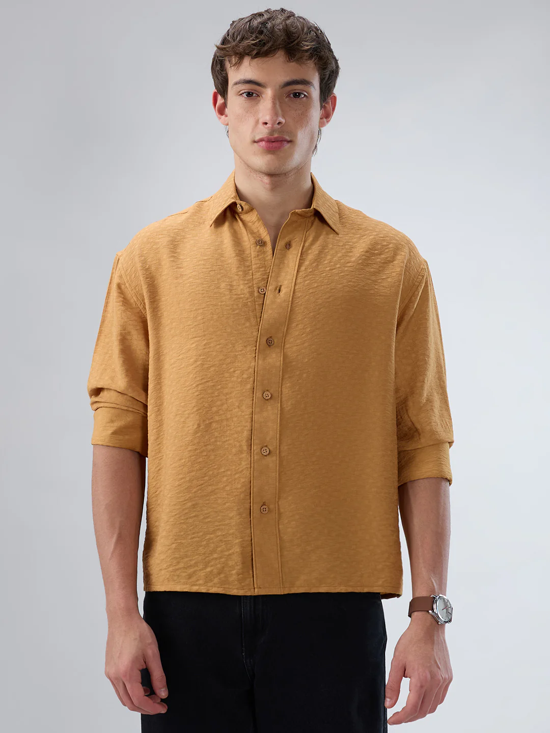 Warm Mustard Sun-Cured Lightweight Textured Boxy Fit  Crop Shirt - Image 5