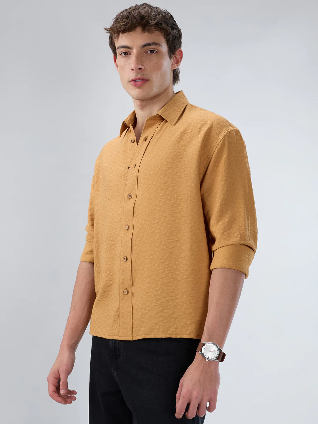 Warm Mustard Sun-Cured Lightweight Textured Boxy Fit  Crop Shirt - Image 6