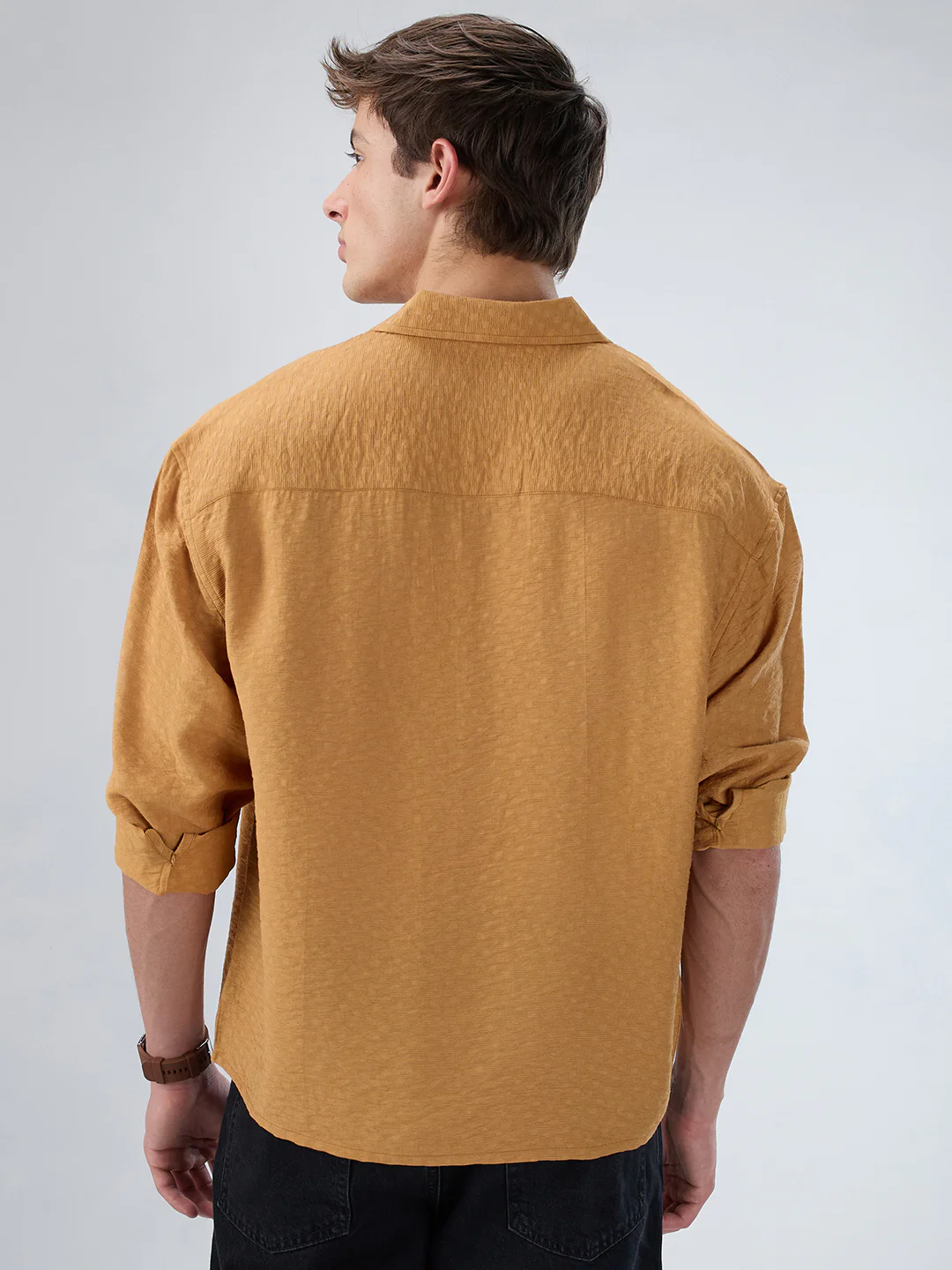 Warm Mustard Sun-Cured Lightweight Textured Boxy Fit  Crop Shirt - Image 7