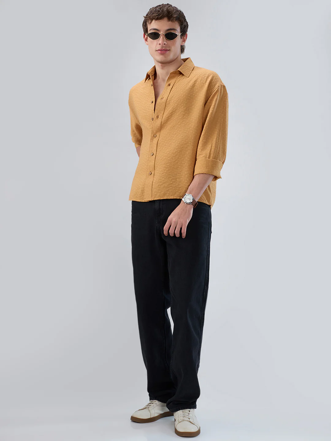 Warm Mustard Sun-Cured Lightweight Textured Boxy Fit  Crop Shirt - Image 8