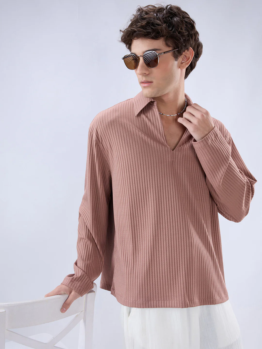 Warm Peach Dual Weave Striped Oversized Polo Knit Shirt - Image 2