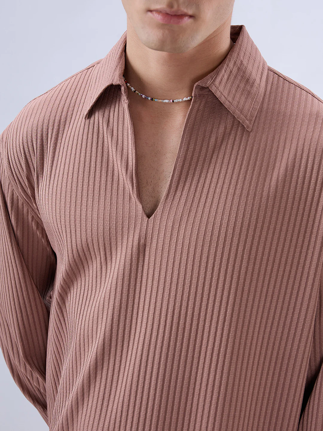 Warm Peach Dual Weave Striped Oversized Polo Knit Shirt - Image 3