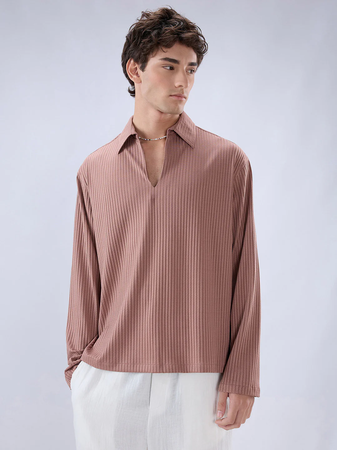 Warm Peach Dual Weave Striped Oversized Polo Knit Shirt - Image 4