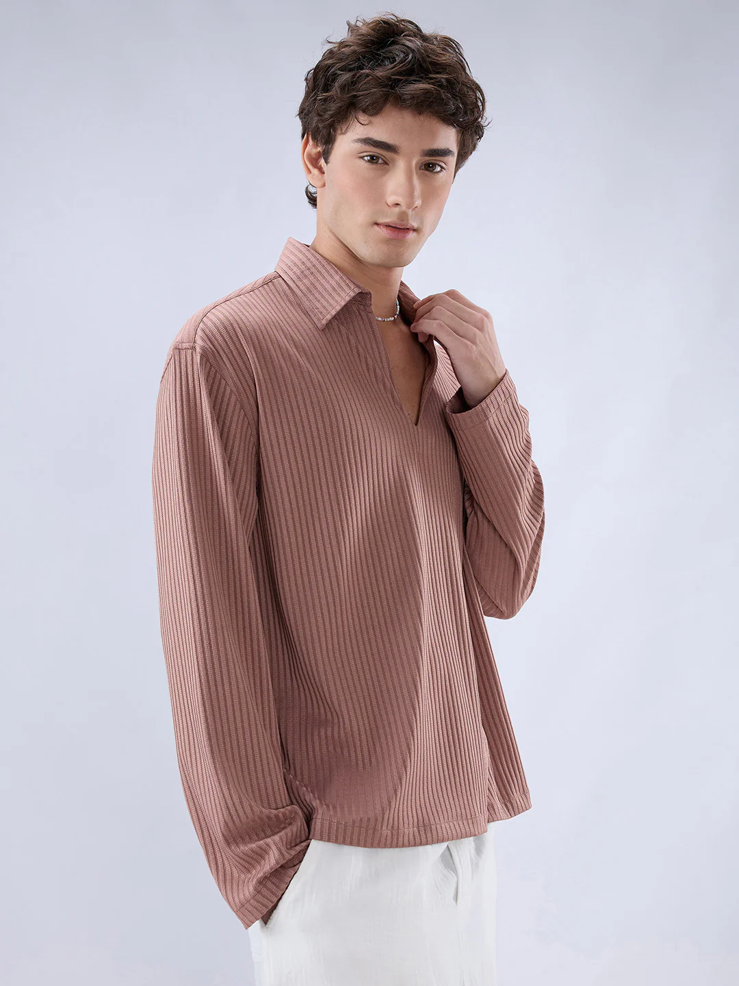 Warm Peach Dual Weave Striped Oversized Polo Knit Shirt - Image 5