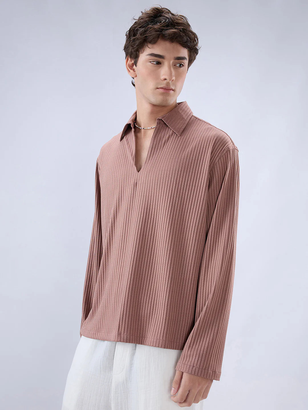 Warm Peach Dual Weave Striped Oversized Polo Knit Shirt - Image 6