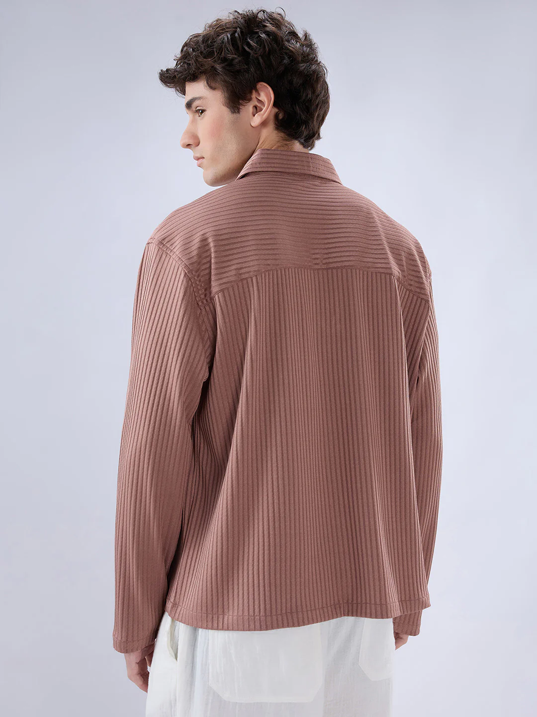 Warm Peach Dual Weave Striped Oversized Polo Knit Shirt - Image 7