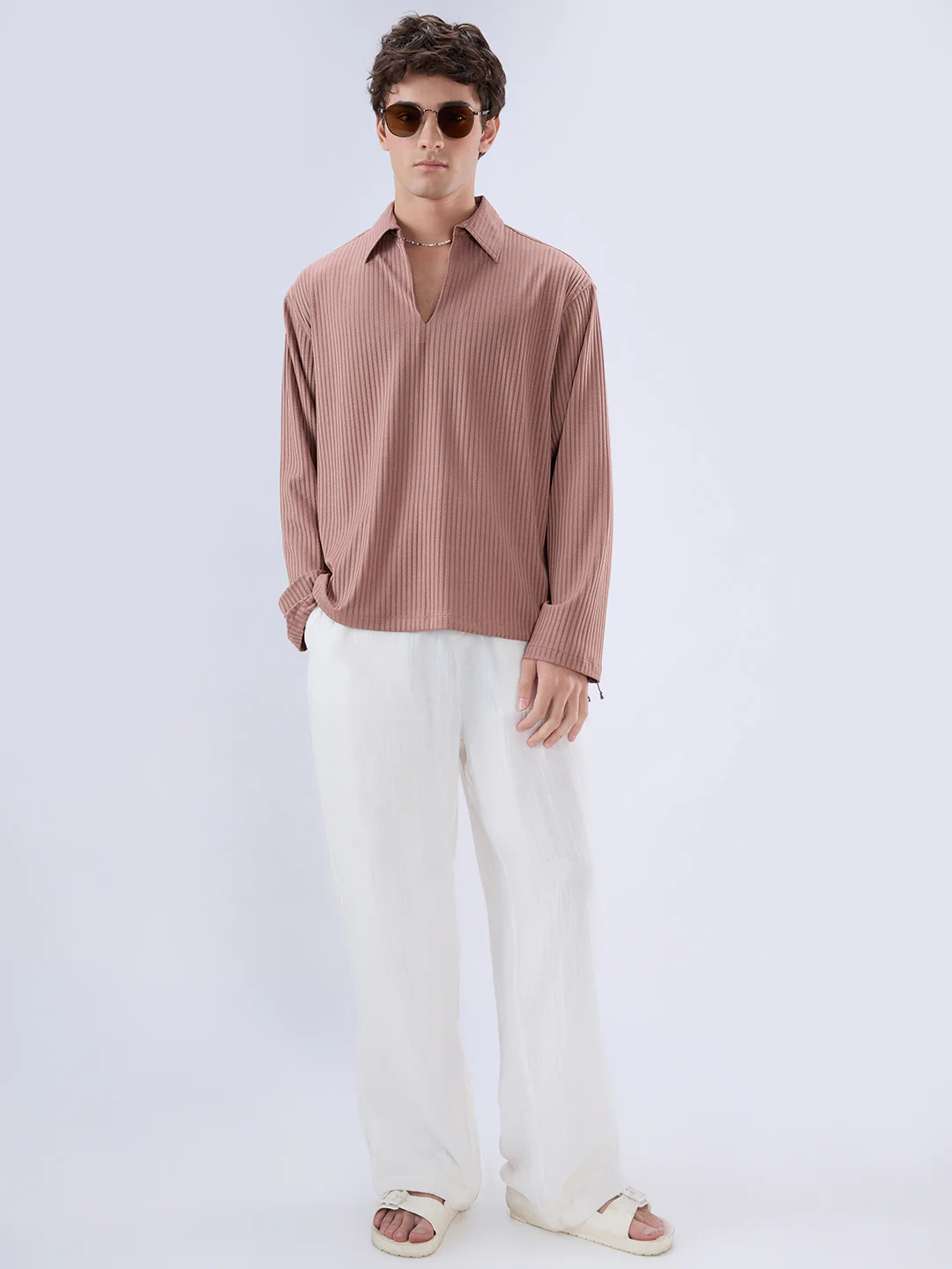 Warm Peach Dual Weave Striped Oversized Polo Knit Shirt - Image 8