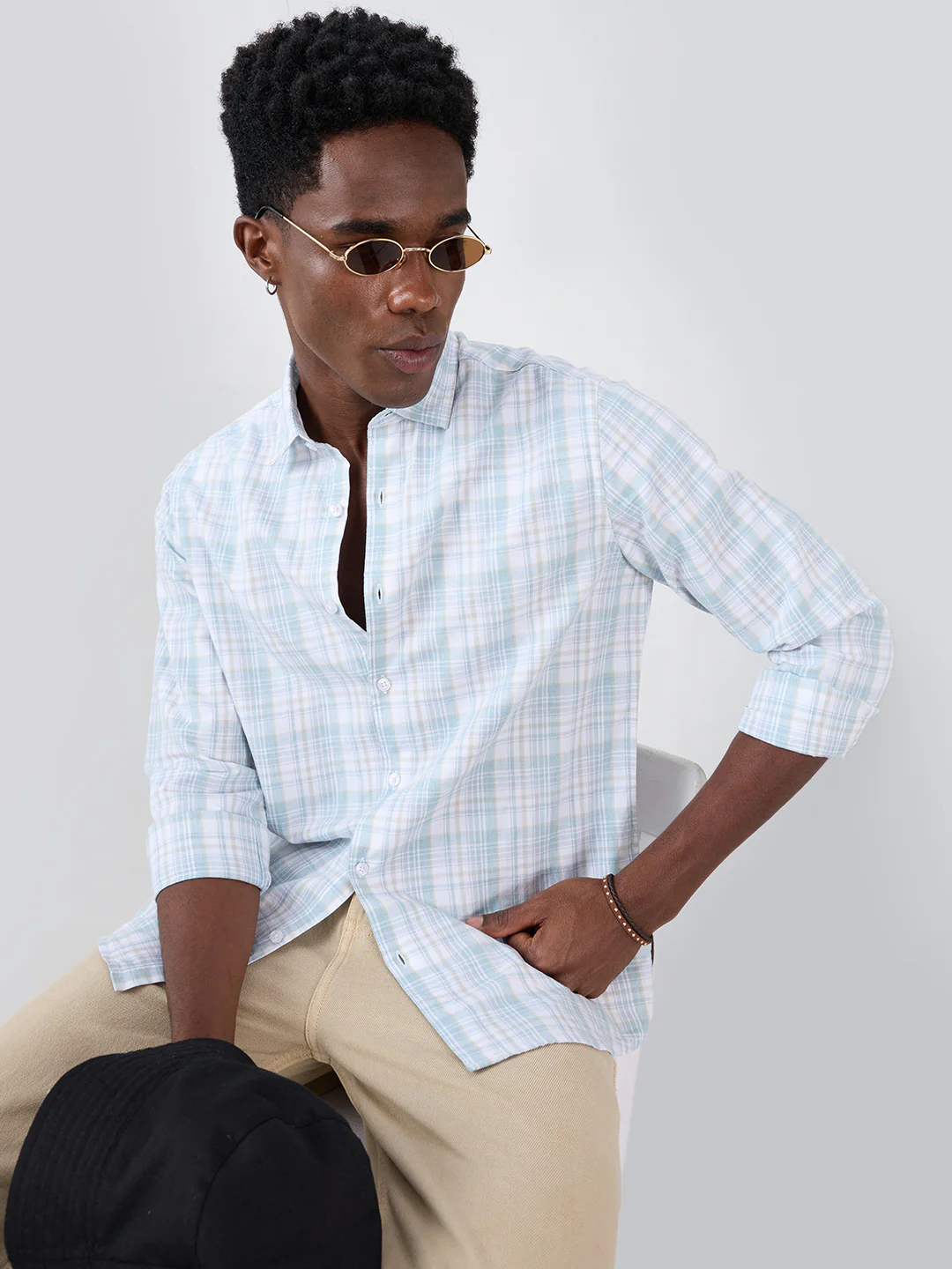 Washed Sage Green Fine Line Grid Checks Shirt