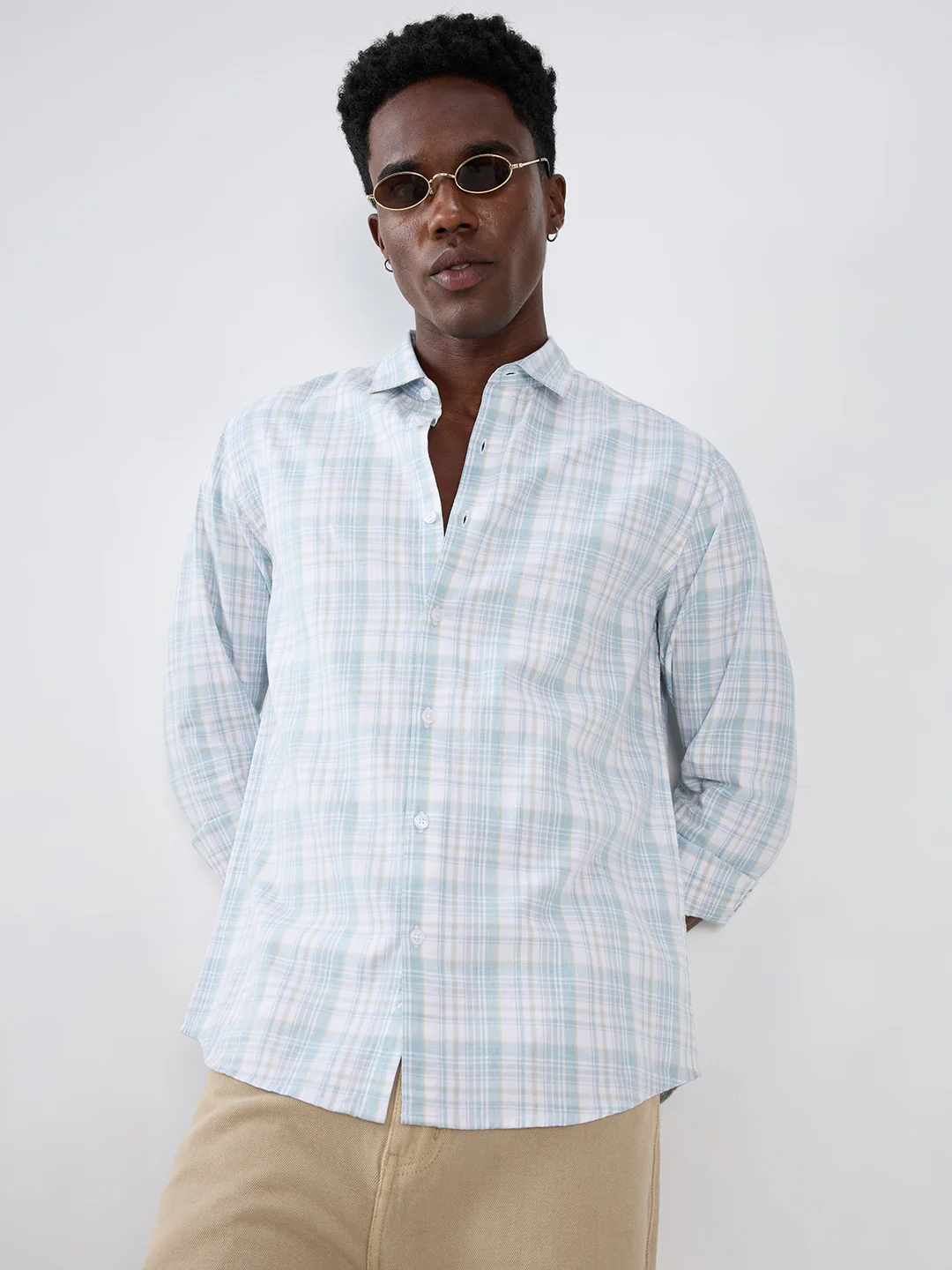 Washed Sage Green Fine Line Grid Checks Shirt - Image 4