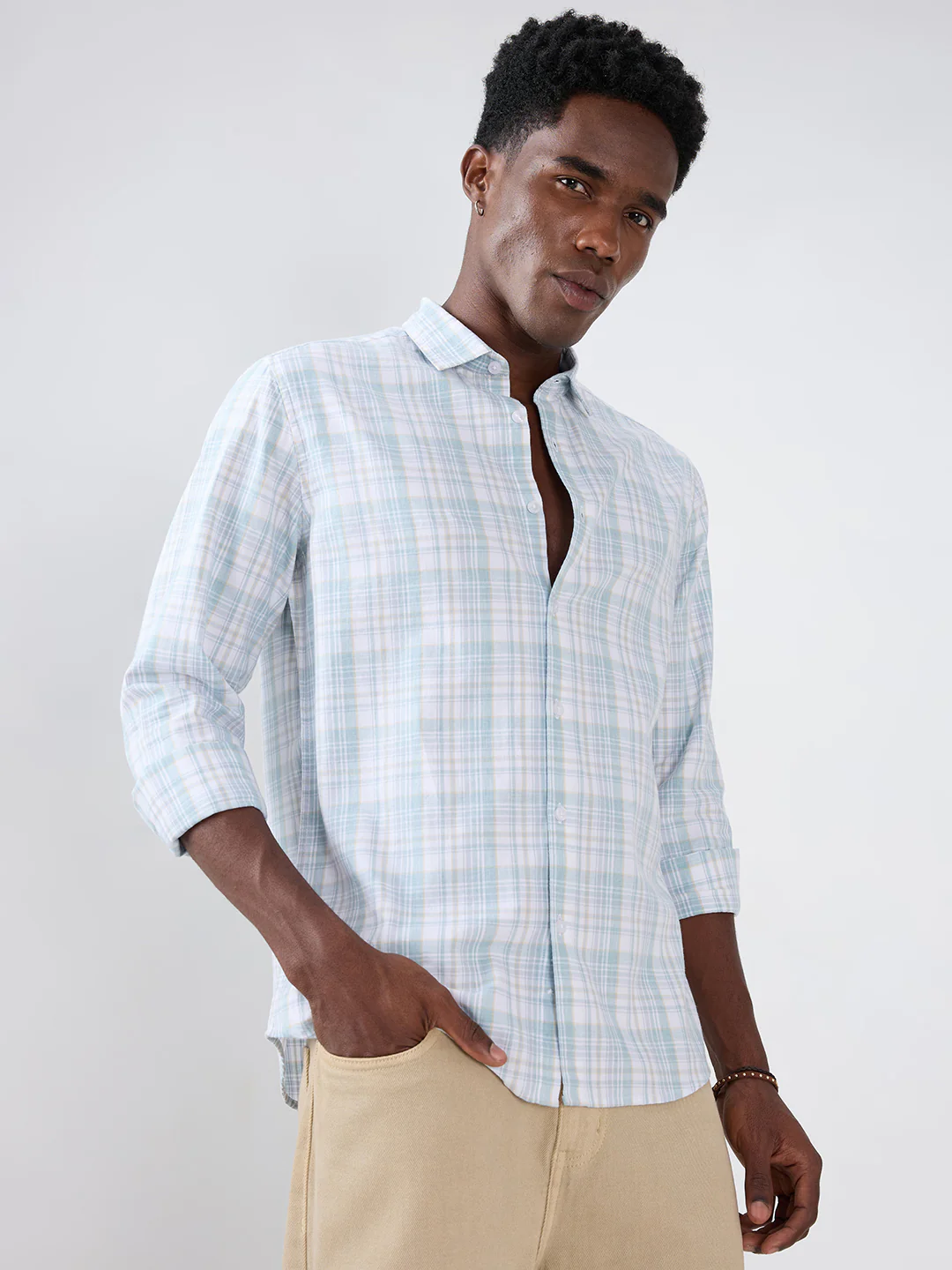Washed Sage Green Fine Line Grid Checks Shirt - Image 5