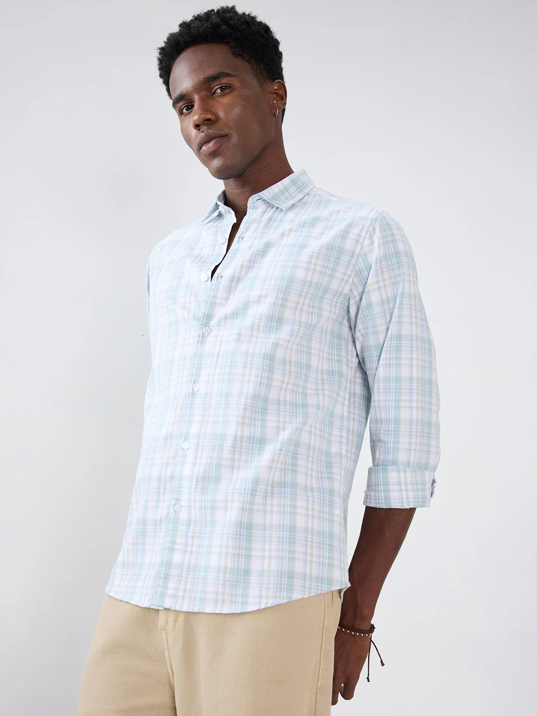 Washed Sage Green Fine Line Grid Checks Shirt - Image 6