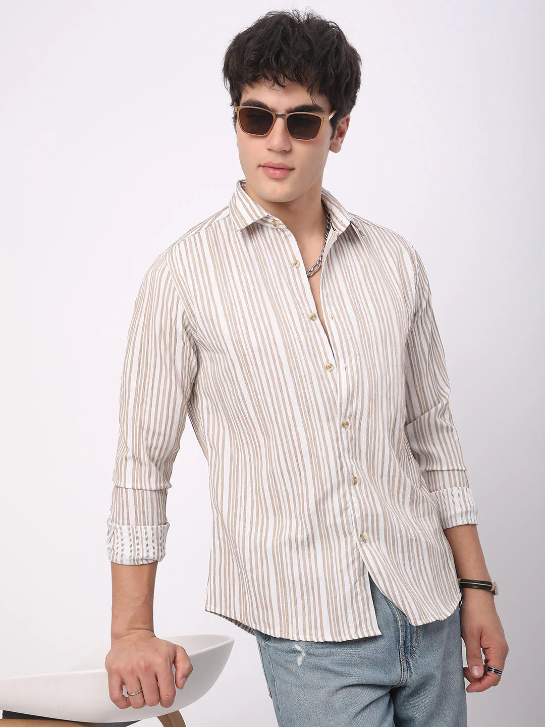 White & Beige Creased Stripe Shirt