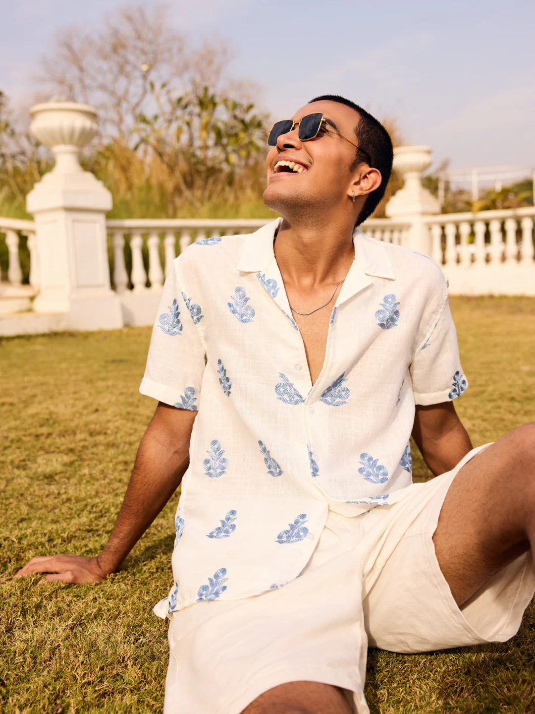 White & Blue Embroidered Notch Collar Oversized Shirt - Image 2