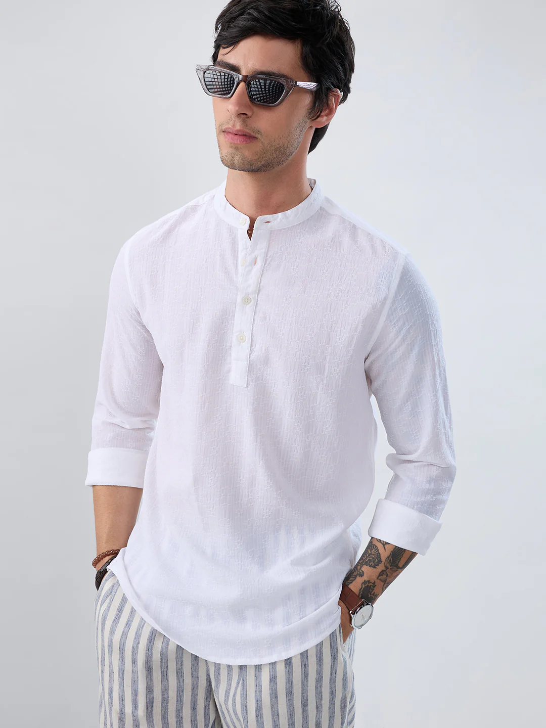 White Fine Weave Textured Kurta