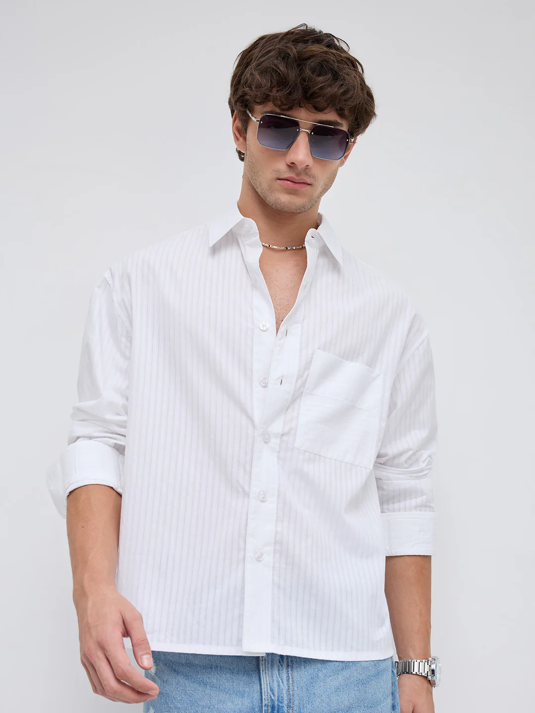 White Mist Sheer Stripe Boxy Crop Shirt - Image 2