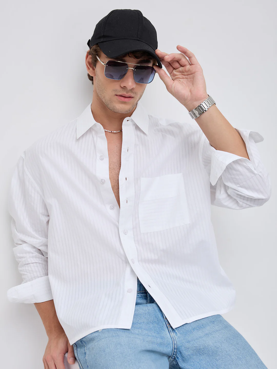 White Mist Sheer Stripe Boxy Crop Shirt - Image 5