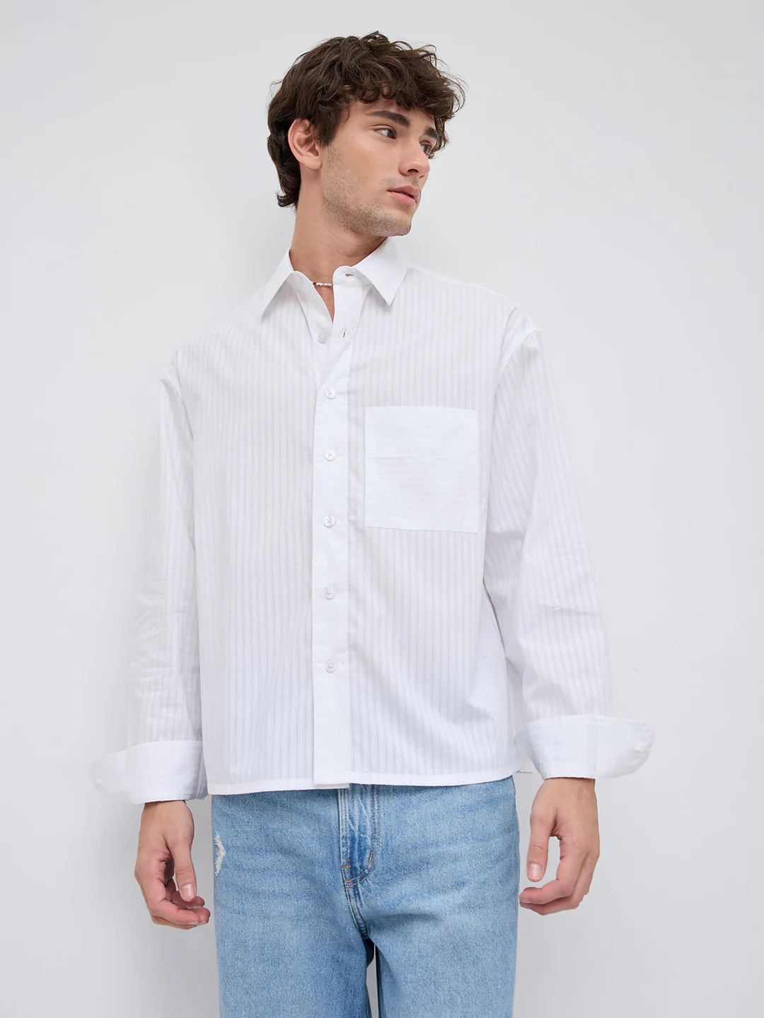 White Mist Sheer Stripe Boxy Crop Shirt - Image 6